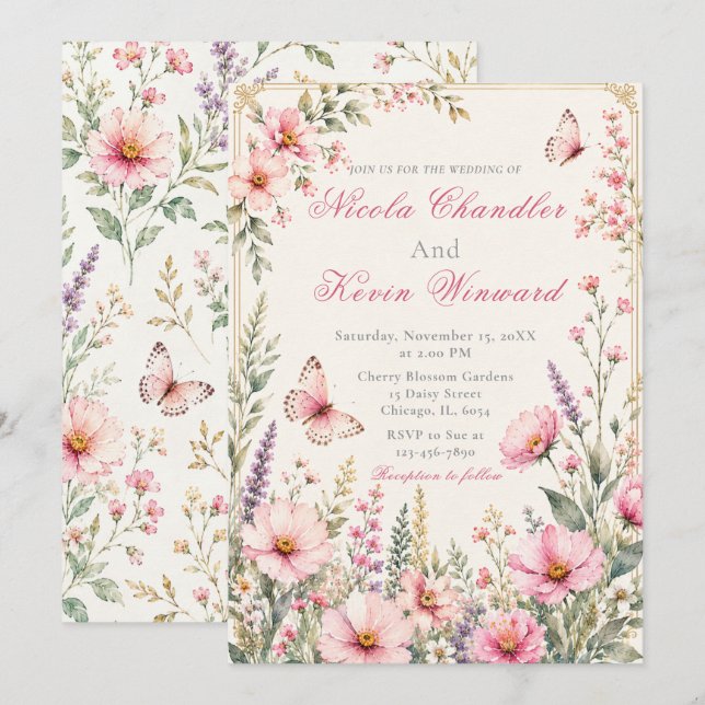 Convites Casamento de Borboleta Floral Elegante (Frente/Verso)