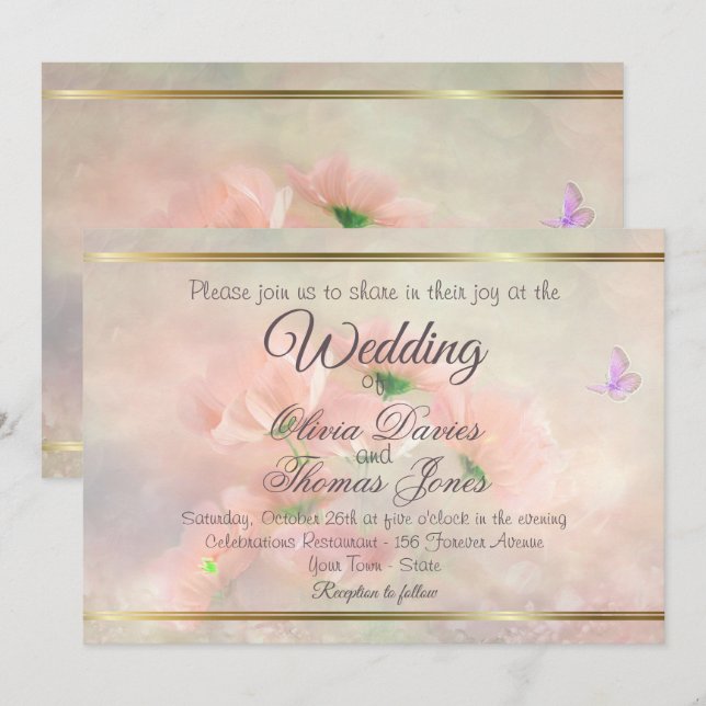 Convites Casamento de Borboleta Floral Rosa-Rosa-Blush Eleg (Frente/Verso)