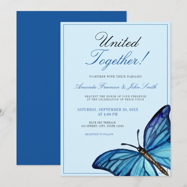 Convites Casamento de Borboleta Mínima Azul-Cria (Frente/Verso)