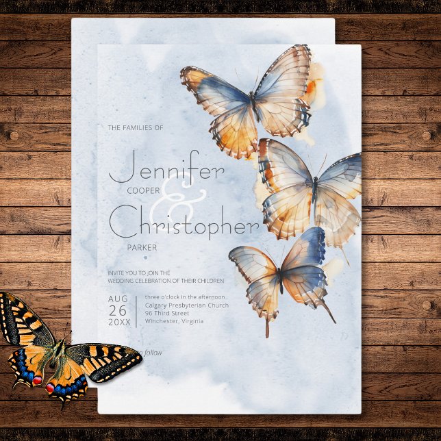 Convites Casamento de Borboletas Azuis e Ferrugem Modernas (Modern Blue & Rust Watercolor Butterflies Wedding Invitation)