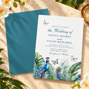 Convites Casamento de Borboletas com Penas de Pavão Tropica