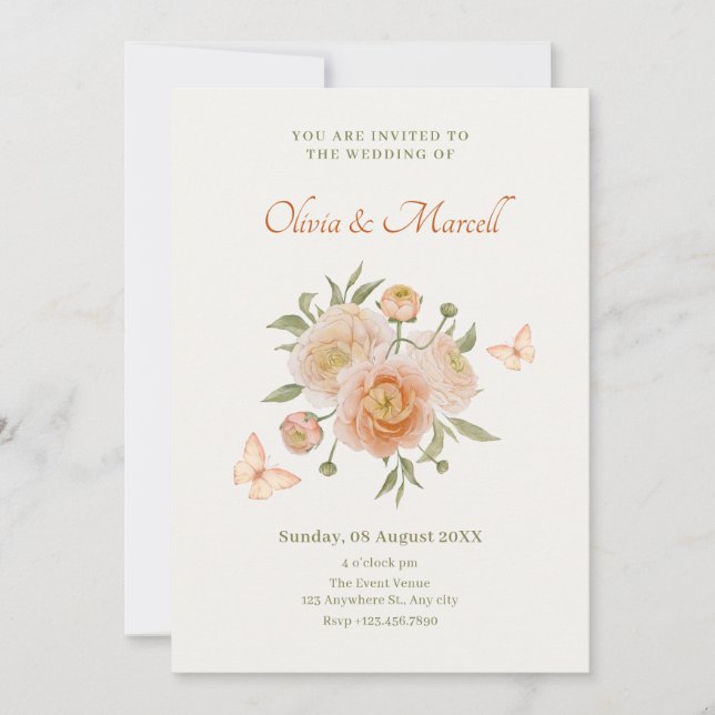 Convites Casamento de borboletas de flores de laranja creme (Frente)
