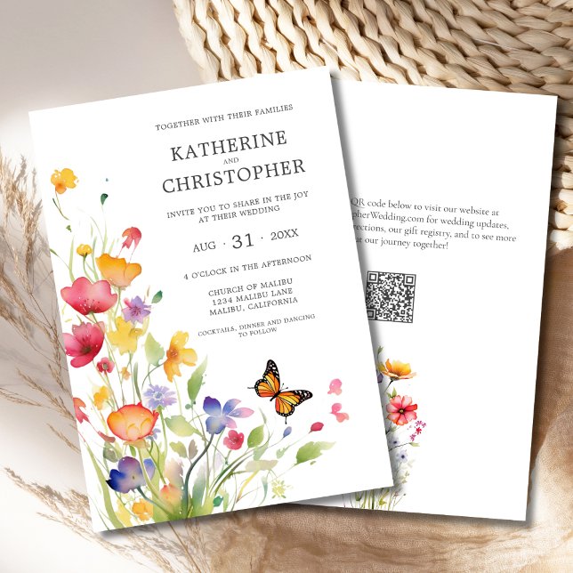 Convites Casamento de Borboletas de Flores Selvagens Legais (Elegant Colorful Wildflowers Butterfly Wedding Invitation with Pink, Orange, Yellow, Blue Flowers.)