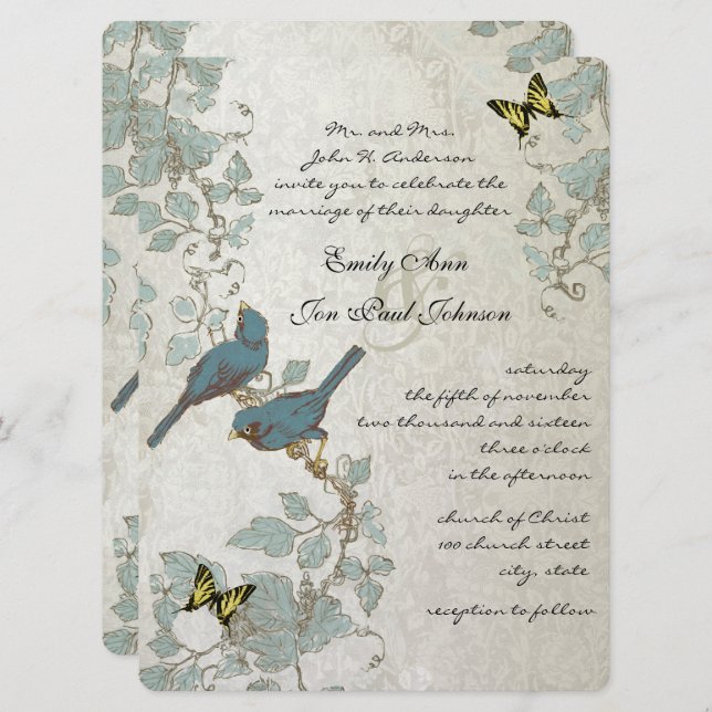Convites Casamento de Borboletas e Aves Amarelas Silver (Frente/Verso)