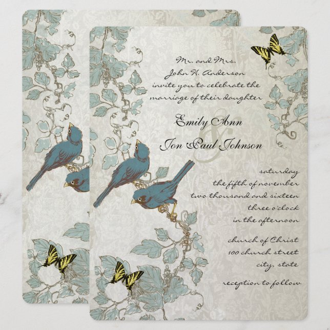 Convites Casamento de Borboletas e Pássaros Azul Prateado A (Frente/Verso)