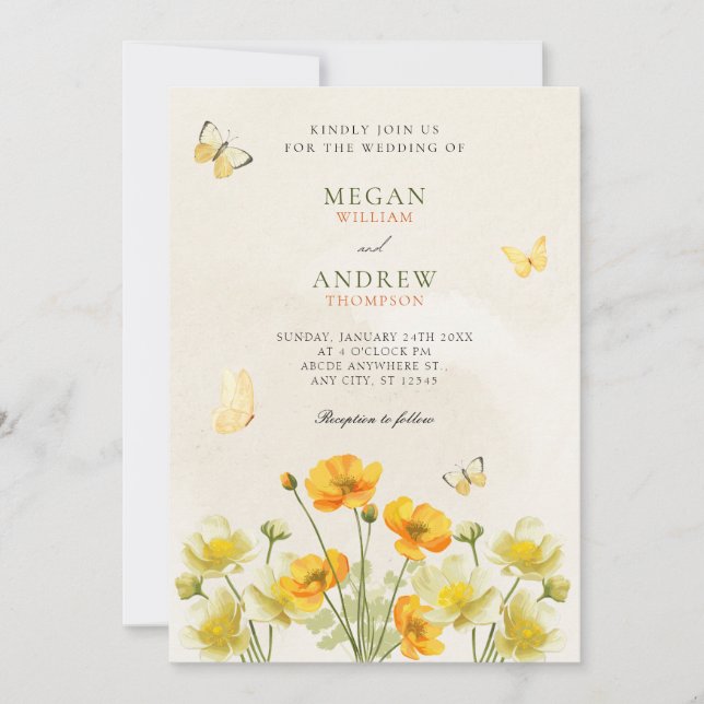 Convites Casamento de borboletas florais amarelas (Frente)
