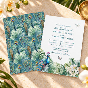Convites Casamento de Borboletas Flores Tropicais Pavão Azu