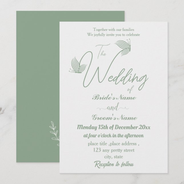 Convites Casamento de borboletas verdes, sábio e elegante r (Frente/Verso)