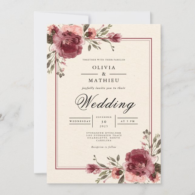 Convites Casamento de Borda Burgundy Blossom (Frente)