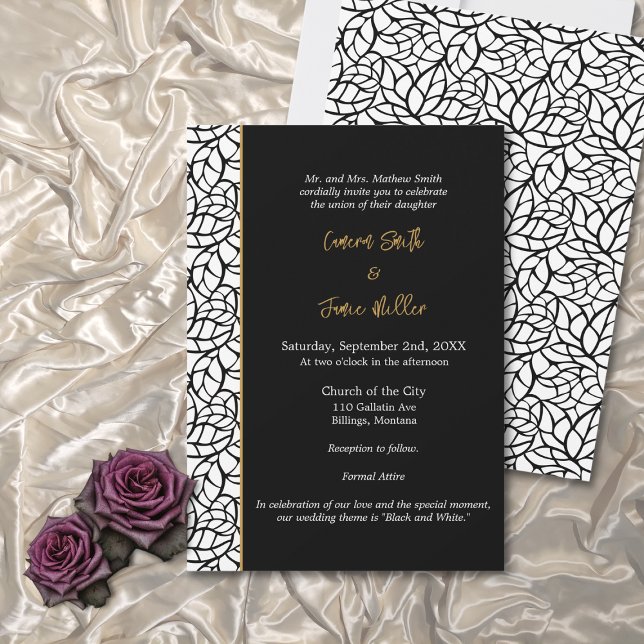 Convites Casamento de Borda de Padrões de Folha Preta e Bra (Black & White Leaf Pattern Border Wedding Invitation)