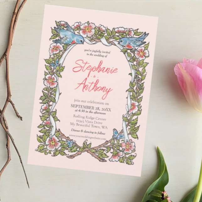 Convites Casamento de Borda de Pastel de Pássaros Rosa-Rosa (Criador carregado)