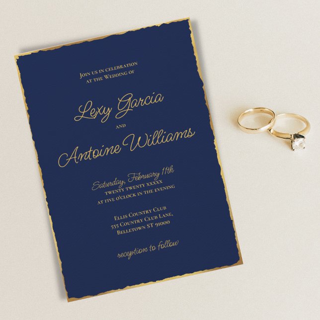 Convites Casamento de Borda Dourada de Luxo Azul-Marinho Si (Criador carregado)