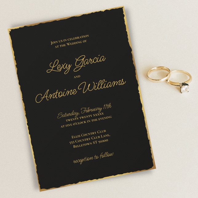 Convites Casamento de Borda Dourada de Luxo Negro Simples E (Criador carregado)