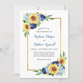 Convites Casamento de Borda Dourada Floral Azul-Dusty