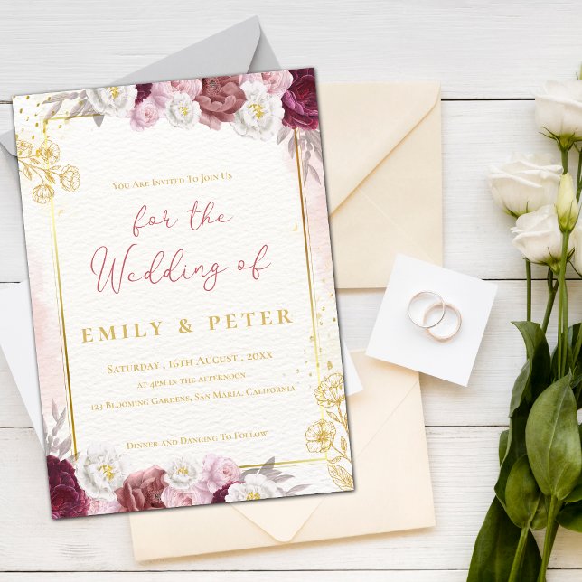Convites Casamento de Borda Dourada Floral Rosa-Blush (Burgundy Blush Pink Floral Gold Border Wedding Invitation)