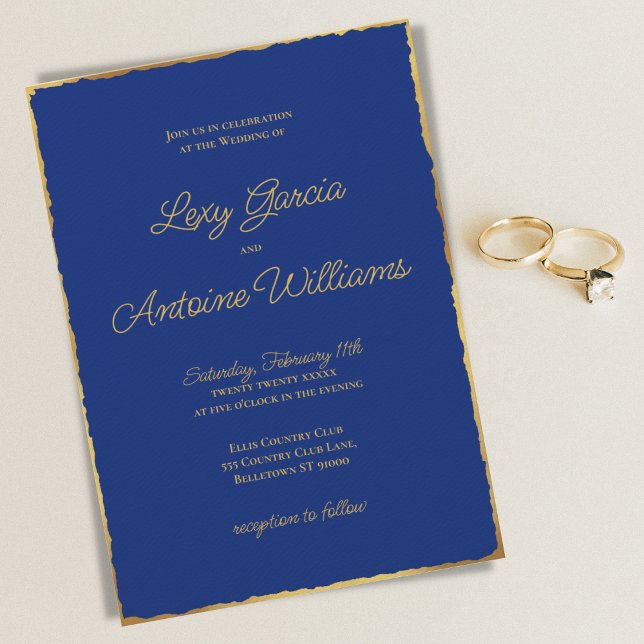 Convites Casamento de Borda Dourada Simples Real Luxo Azul  (Criador carregado)