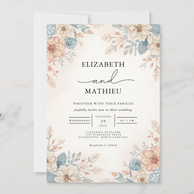 Convites Casamento de Borda Floral Azul de Pêssego Suave (Frente)