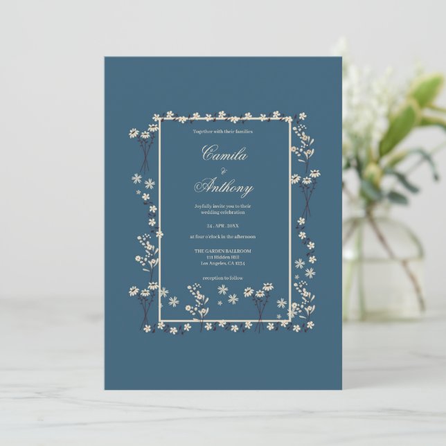 Convites Casamento de Borda Floral Branca marinho (Em pé/Frente)