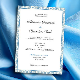Convites Casamento de Borda Floral Chic Blue Toile de Jouy