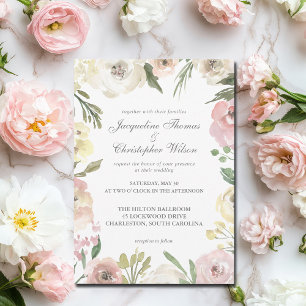 Convites Casamento de Borda Floral de Marfim Rosa-Rosa-Esca