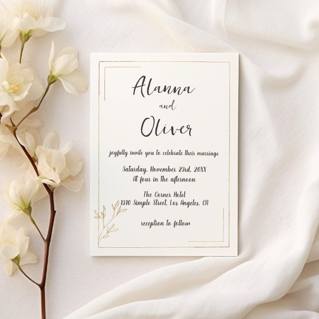 Convites Casamento de borda floral de ouro branco minimalis (Minimalist white gold floral border Wedding )