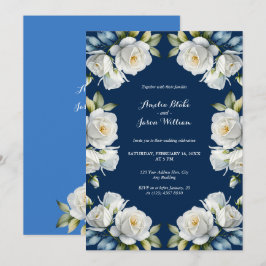 Convites Casamento de Borda Floral de Rosa Azul Elegante
