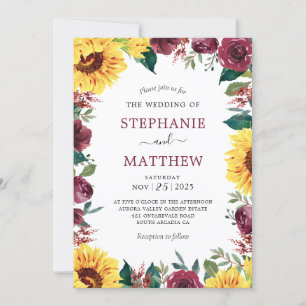 Convites Casamento de Borda Floral de Sunflower Burgundy