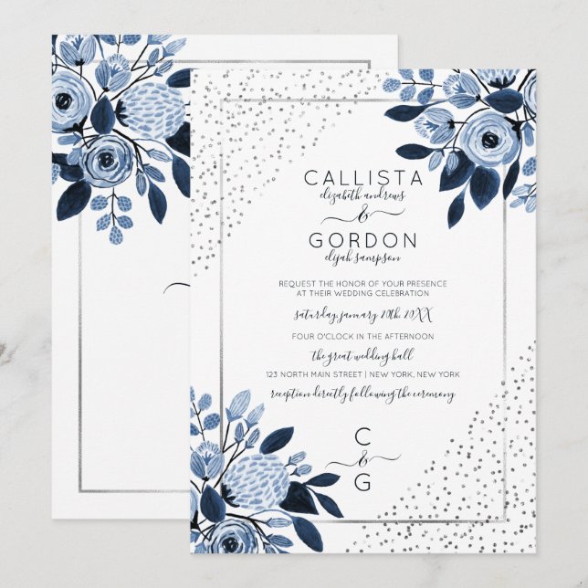 Convites Casamento de Borda Floral do marinho Silver Glitte (Frente/Verso)