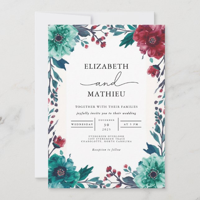 Convites Casamento de Borda Floral Moody Teal (Frente)