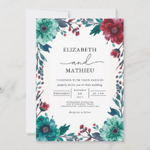 Convites Casamento de Borda Floral Moody Teal