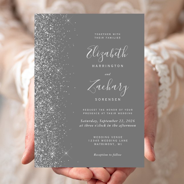 Convites Casamento de Borda Glitter da Cinza Moderna (Criador carregado)