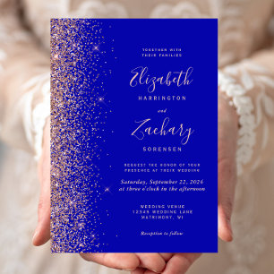 Convites Casamento de Borda Glitter Dourada com Rosa Azul R