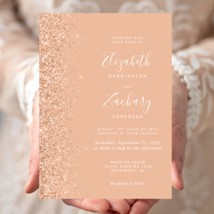 Convites Casamento de Borda Glitter Moderno Peach Faux