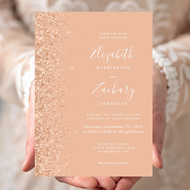 Convites Casamento de Borda Glitter Moderno Peach Faux (Criador carregado)