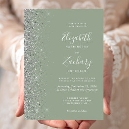 Convites Casamento de Borda Glitter Verde do Modern Sage