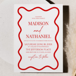 Convites Casamento de Borda Onda Vermelha Branca Elegante