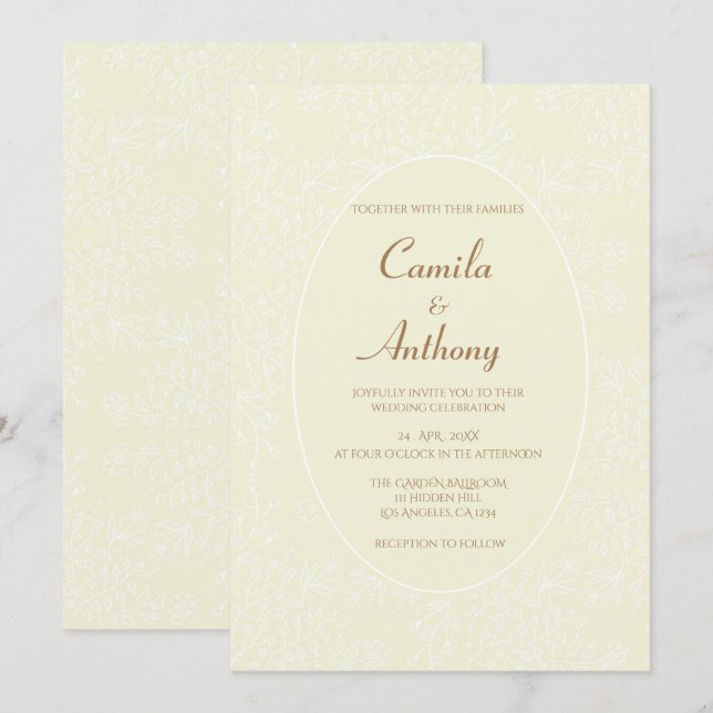 Convites Casamento de Borda Oval com Padrão Floral Branco B (Frente/Verso)