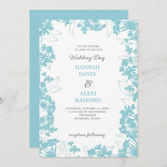 Convites Casamento de Bordas Florais Pálidas Turquesa (Frente/Verso)