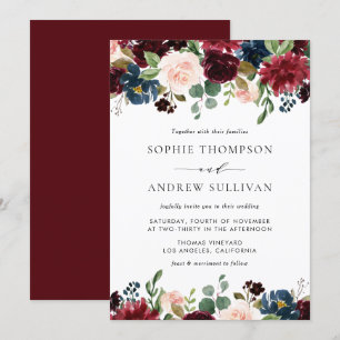 Convites Casamento de Borgonha Azul Floral
