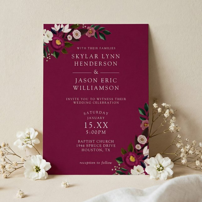 Convites Casamento de Borgonha com Aquarela Floral Elegante (Elegant Moody Burgundy Watercolor Floral Wedding Invitation)