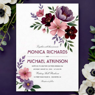 Convites Casamento de Borgonha de Ameixa Floral de Água Ele