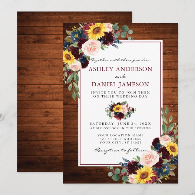 Convites Casamento de Borgonha de Madeira Floral Mistura (Frente/Verso)