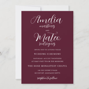 Convites Casamento de Borgonha de Script Minimalista Elegan