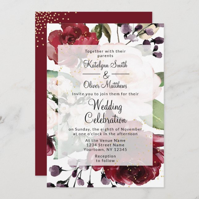 Convites Casamento de Borgonha Dourada e Floral (Frente/Verso)