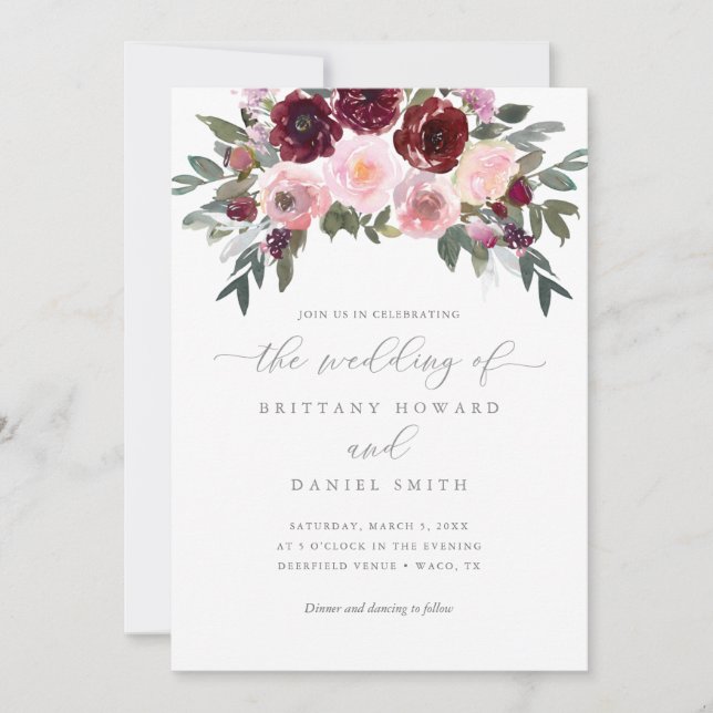 Convites Casamento de Borgonha e Rosa Rosa Rosa Rosa Verde (Frente)