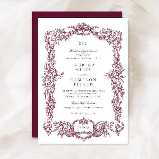 Convites Casamento de Borgonha Floral Barroca Elegante (Criador carregado)