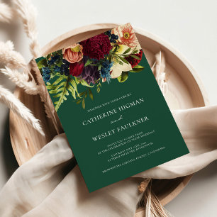 Convites Casamento de Borgonha Floral Moody Jewel Verde