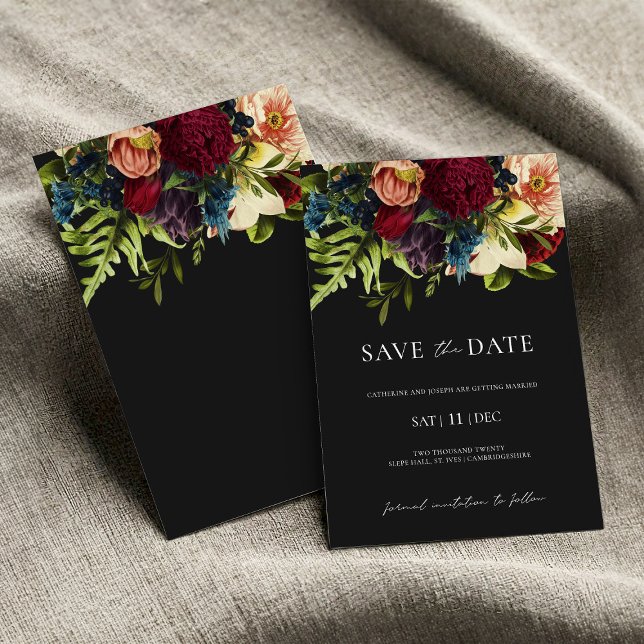 Convites Casamento de Borgonha Floral Negra Salve a Data (Criador carregado)