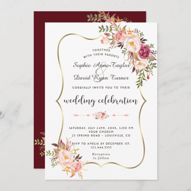 Convites Casamento de Borgonha Floral Rosa Rosa-Rosa-Dourad (Frente/Verso)