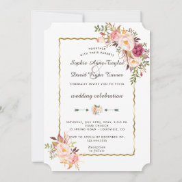 Convites Casamento de Borgonha Floral Rosa Rosa-Rosa-Dourad